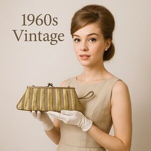 VINTAGE 60s Gold Beaded Kisslock Clutch Evening Purse Mad Men Retro Glam